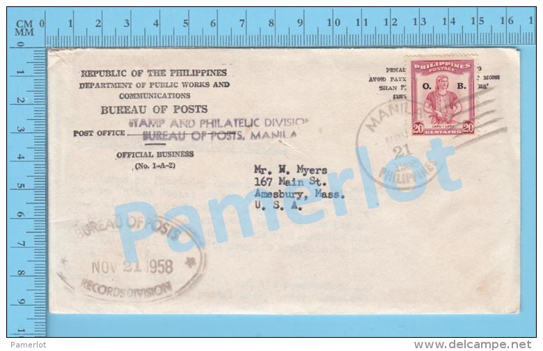 Manila  ( Cover Manila 1958 Philippines, Bureau Of Posts Records Division, Overprint Stamp O.B.  ) Recto/Verso - Philippines