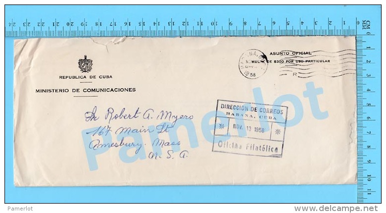 Asunto Oficial ( Ministerio De Comunicaciones, Cover Habana Cuba 1958, To USA , With A "R" In Flag ) Recto/Verso - Covers & Documents