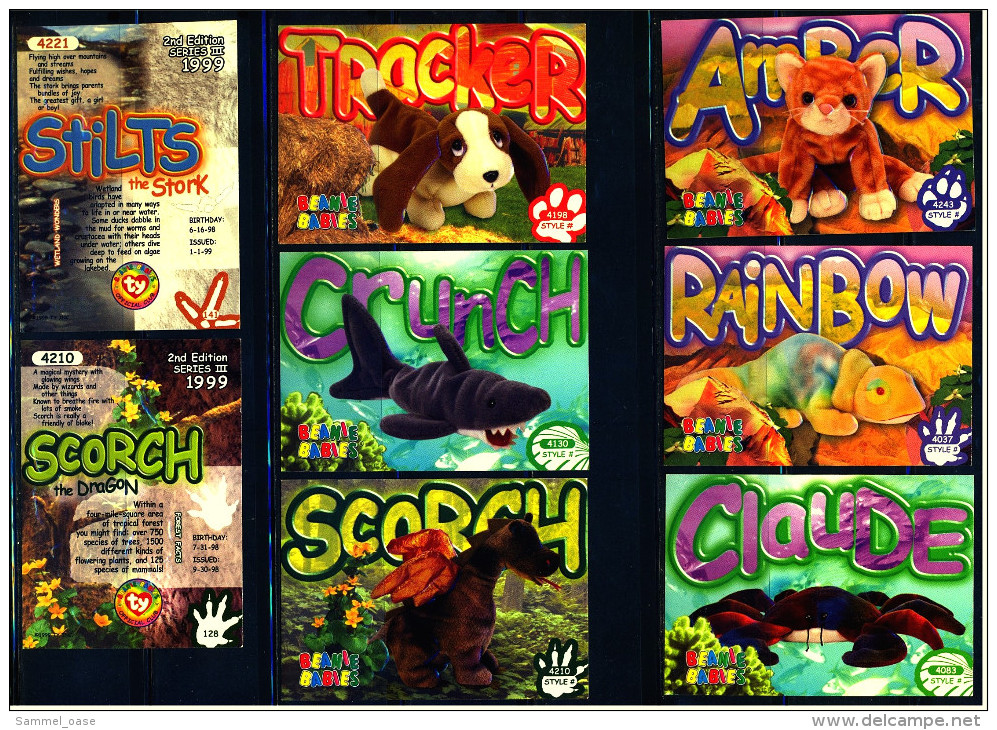 8 Beanie Babies Präge-Karten : Scorch - Amber - Stilts - Tiracker - Crunch - Claude - Rainbow - Cuddly Toys