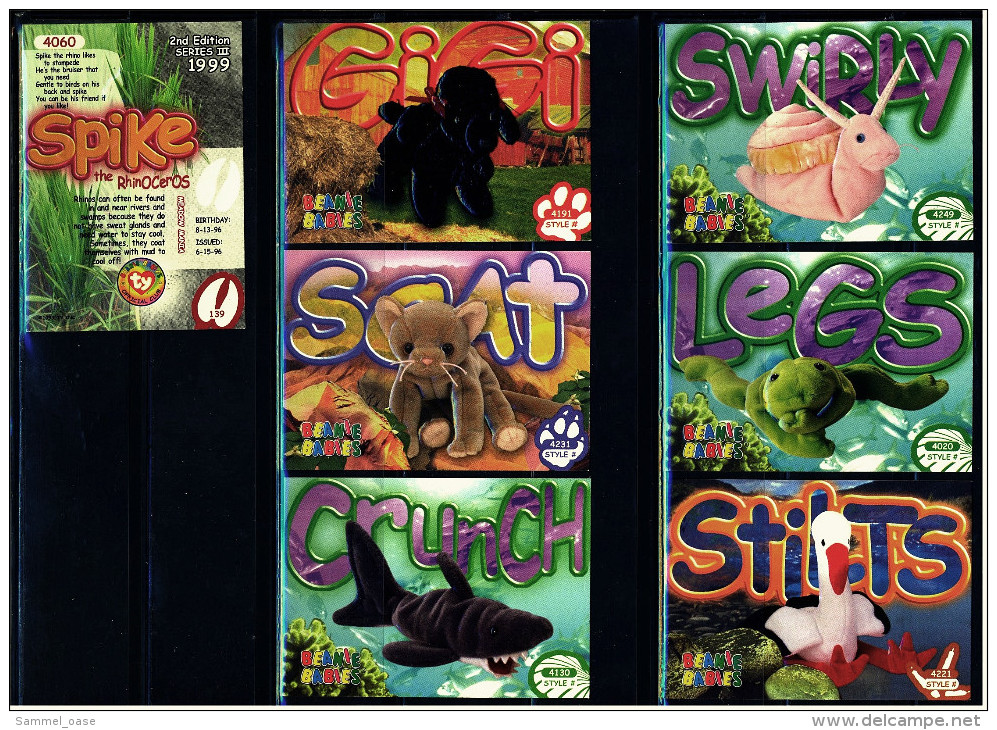 7 Beanie Babies Präge-Karten : Stilts - Legs - Swirly - Scat - Gigi - Crunch - Spike - Cuddly Toys