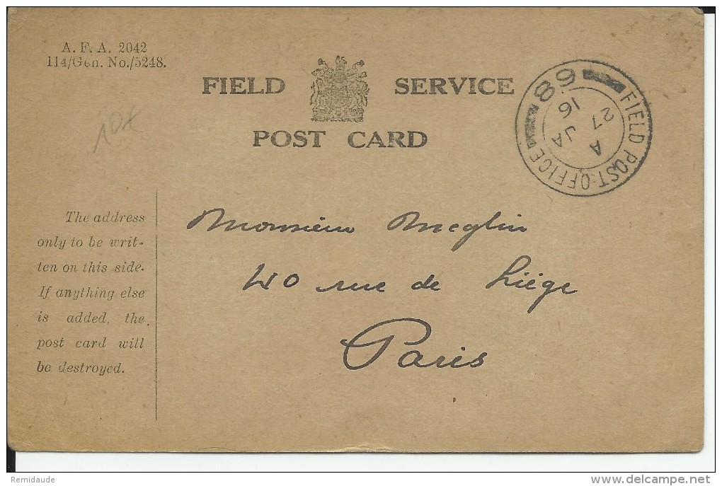 1916 - CARTE FM ANGLAISE Du SP 68 Pour PARIS - Service