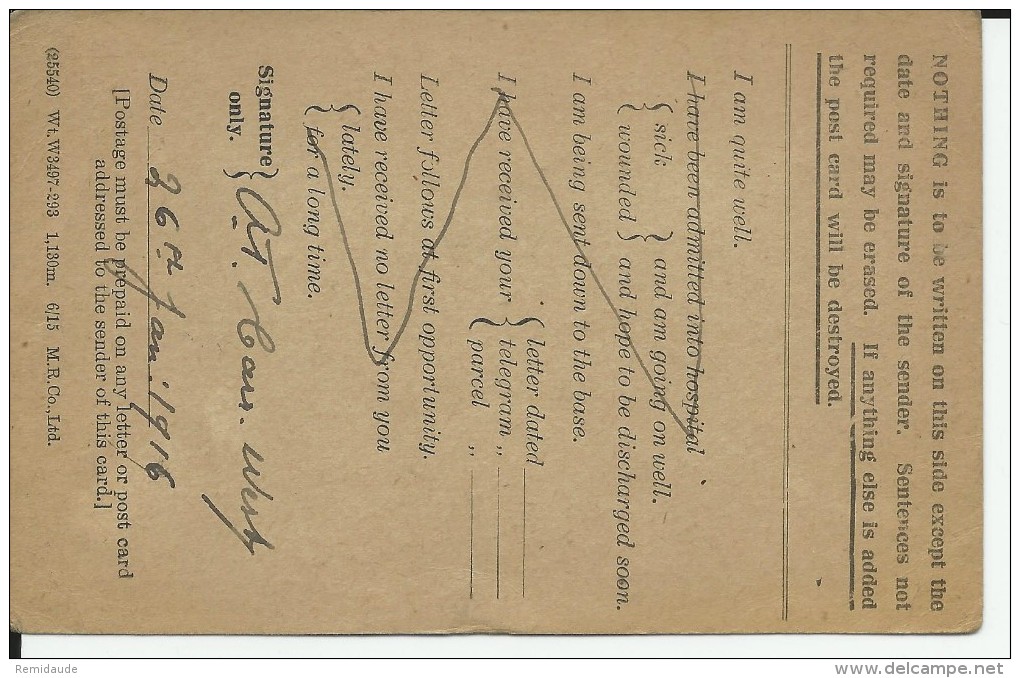 1916 - CARTE FM ANGLAISE Du SP 68 Pour PARIS - Service