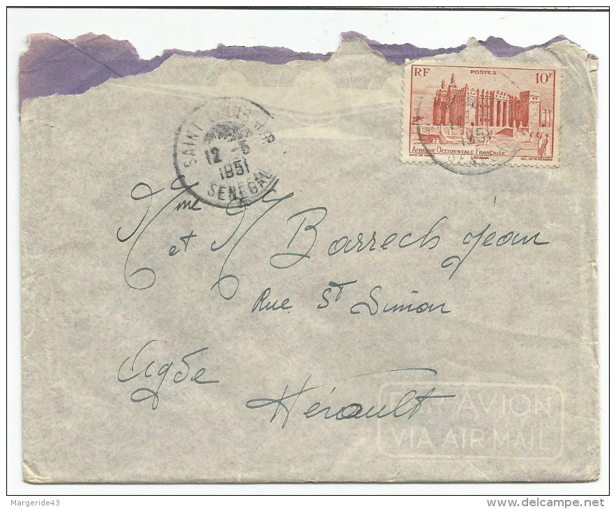 SENEGAL LETTRE DE SAINT LOUIS POUR LA FRANCE 12/6/51 - Brieven En Documenten