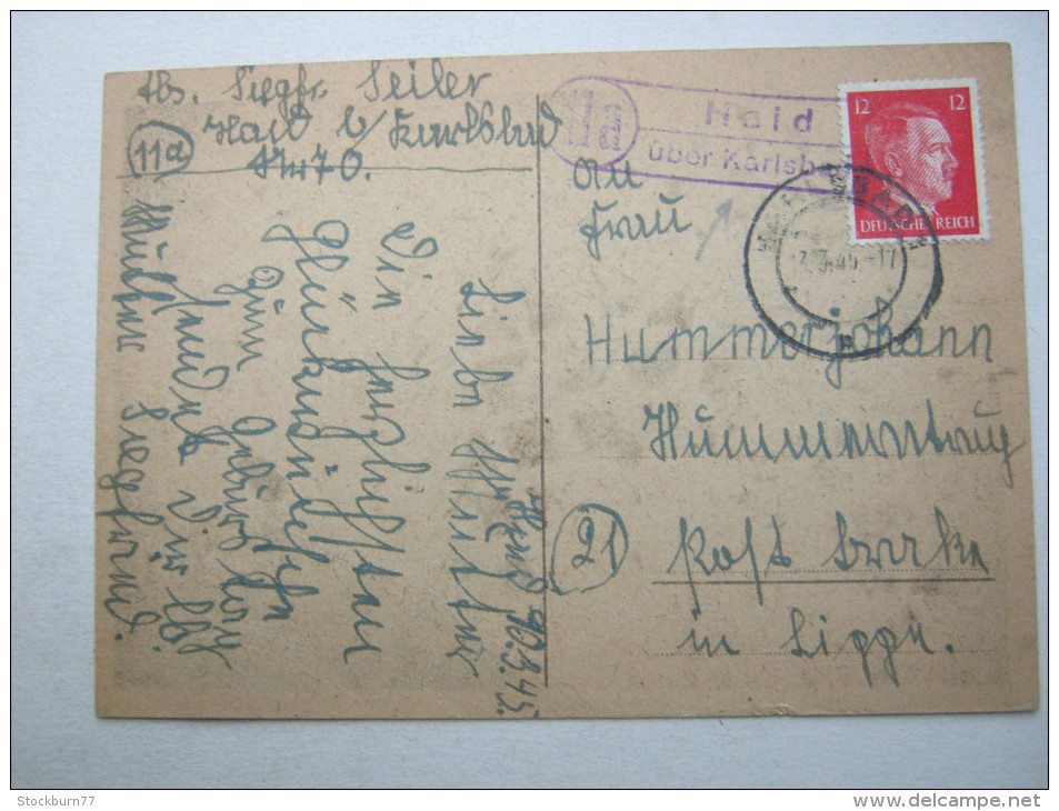 1945   , PLZ  Landpoststempel , Haid über Karlsbad  , Karte - Briefe U. Dokumente