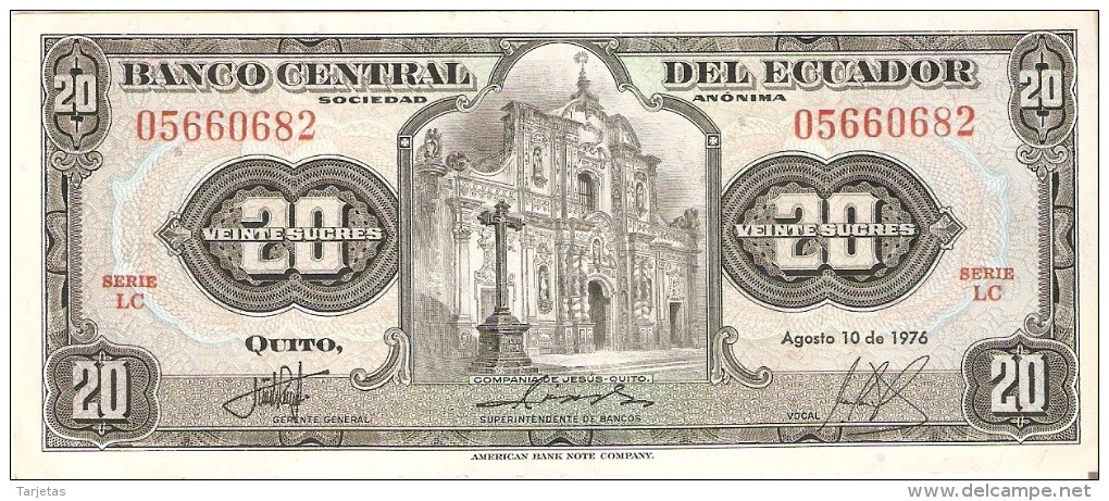 BILLETE DE ECUADOR DE 20 SUCRES DEL AÑO 1976 (BANKNOTE) - Equateur
