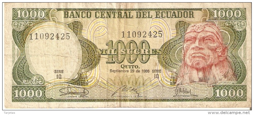 BILLETE DE ECUADOR DE 1000 SUCRES DEL AÑO 1986 (BANKNOTE) - Ecuador