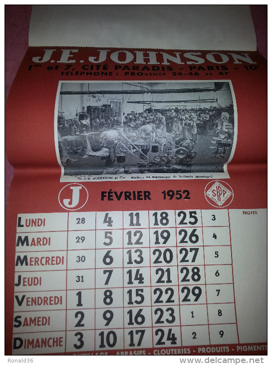 Calendrier 1952 J.E JOHNSON Paris Ile St Denis Atelier 93 Fougères 35 Graulhet 81 Bordeaux 33  ISSOUDUN 36 Indre Berry - Grossformat : 1941-60