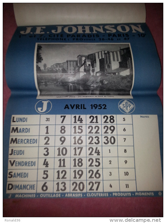 Calendrier 1952 J.E JOHNSON Paris Ile St Denis Atelier 93 Fougères 35 Graulhet 81 Bordeaux 33  ISSOUDUN 36 Indre Berry - Grossformat : 1941-60