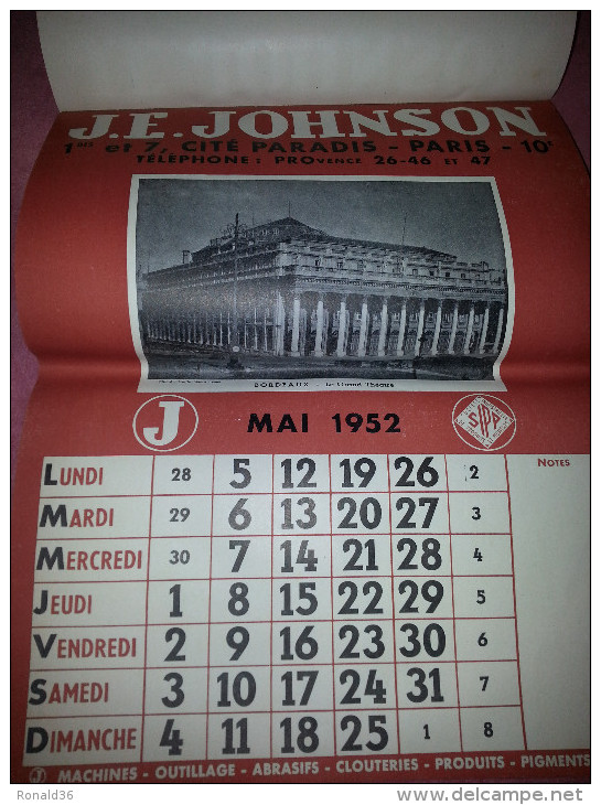 Calendrier 1952 J.E JOHNSON Paris Ile St Denis Atelier 93 Fougères 35 Graulhet 81 Bordeaux 33  ISSOUDUN 36 Indre Berry - Grossformat : 1941-60