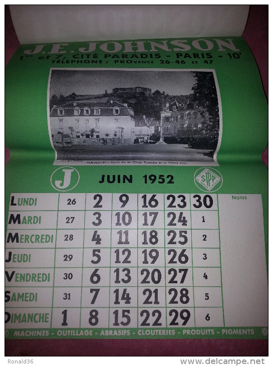 calendrier 1952 J.E JOHNSON Paris ile St Denis Atelier 93 Fougères 35 Graulhet 81 Bordeaux 33  ISSOUDUN 36 Indre Berry