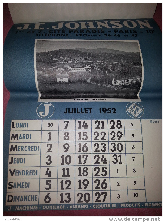 calendrier 1952 J.E JOHNSON Paris ile St Denis Atelier 93 Fougères 35 Graulhet 81 Bordeaux 33  ISSOUDUN 36 Indre Berry