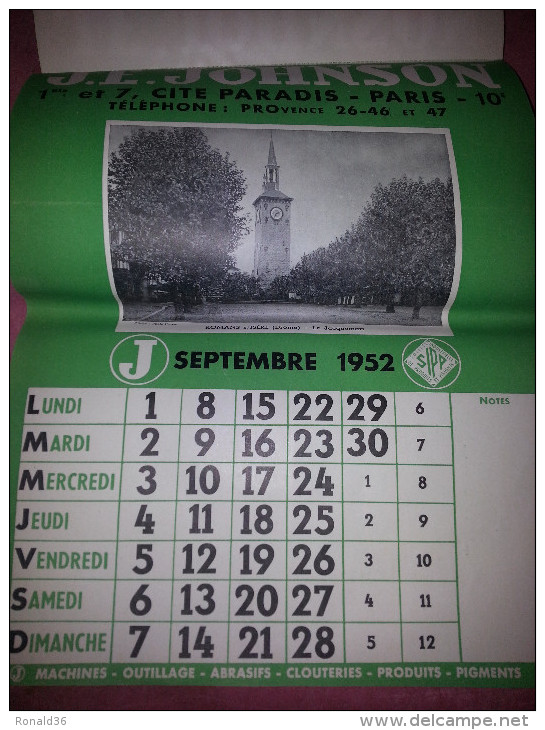 calendrier 1952 J.E JOHNSON Paris ile St Denis Atelier 93 Fougères 35 Graulhet 81 Bordeaux 33  ISSOUDUN 36 Indre Berry