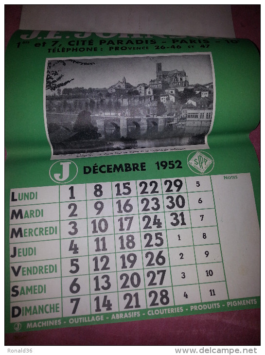 calendrier 1952 J.E JOHNSON Paris ile St Denis Atelier 93 Fougères 35 Graulhet 81 Bordeaux 33  ISSOUDUN 36 Indre Berry