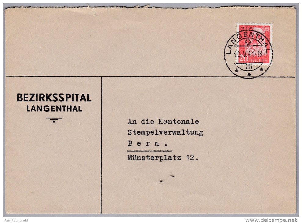 Heimat BE LANGENTHAL 1941-05-10 Portofreiheit Gr#316 Bezirksspital Brief Mit 20Rp. - Vrijstelling Van Portkosten