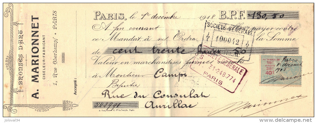 Lettre Change 1918 A MARIONNET Bronze D'art Paris Pour Aurillac Cantal - Timbre Fiscal - Wechsel