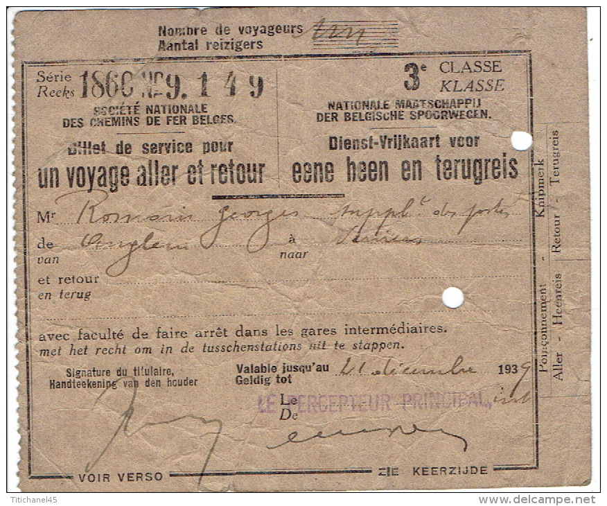 SOCIETE NATIONALE DES CHEMINS DE FER BELGES - Billet De Service (1939) Pour Un Voyage Aller-retour De ANGLEUR à VERVIERS - Europa