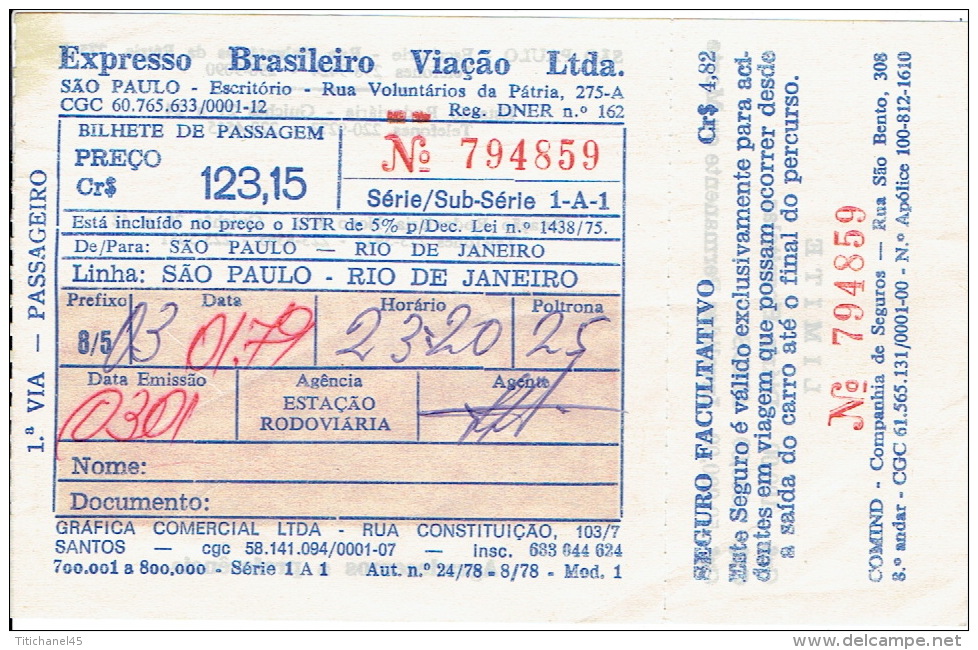 Expresso Brasileiro Viaçao Ltda - SAO PAULO - RIO DE JANEIRO - Data Emissao : 3/07/1979 - Monde
