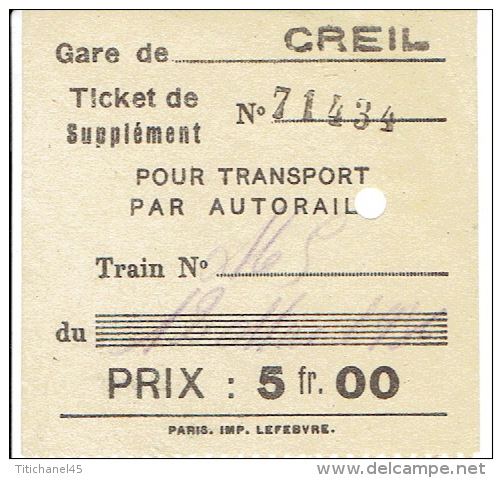 Ticket De Supplément Pour Transport Par Autorail Gare De CREIL 12 MAI 1936 - Europa