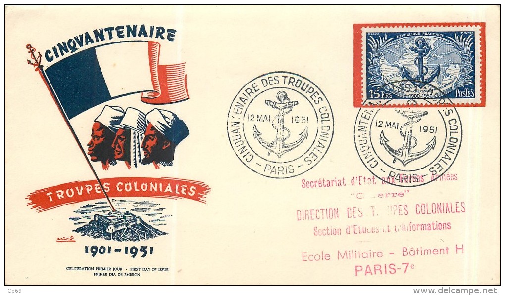 LETTRE GRAND FORMAT - FDC - CINQUANTENAIRE DES TROUPES COLONIALES - 12 MAI 1951 A PARIS - CÔTE : 70 EUROS - 1950-1959