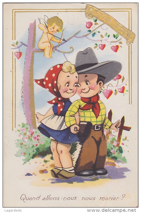 ILLUSTRATEUR COUPLE D ENFANTS COSTUME COW BOY RELIEF PAR COLLAGE - 1900-1949