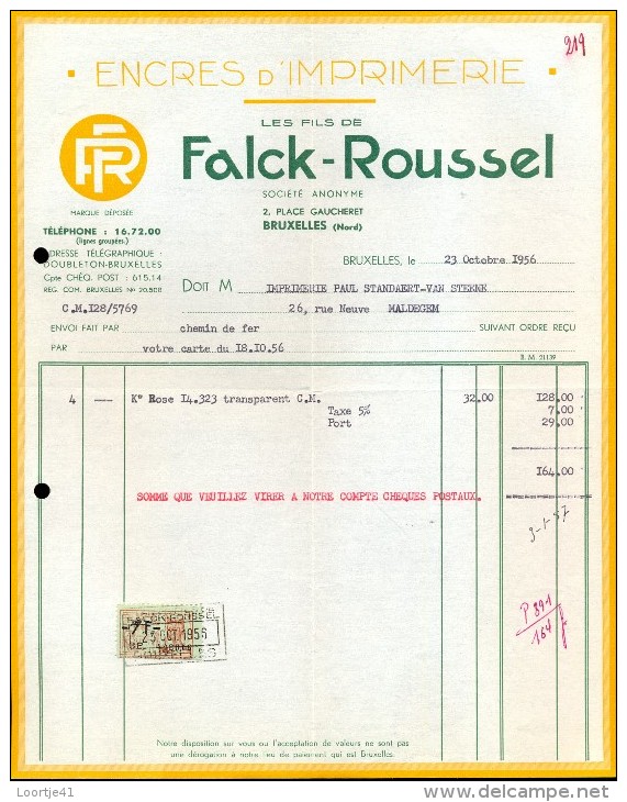 Facture Faktuur - Encres D' Imprimerie - Falck - Roussel - Bruxelles1956 - Drukkerij & Papieren