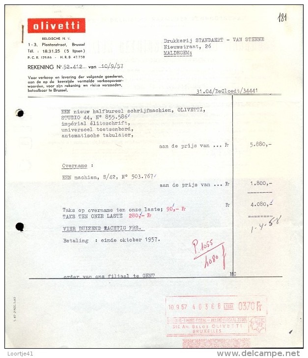 Facture Faktuur - Machines Drukkerij - Schrijfmachines Olivetti Brussel 1957 Met Garantie Bewijs - Druck & Papierwaren