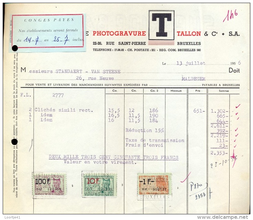 Facture Faktuur - Ets De Photogravure Tallon - Bruxelles 1956 - Druck & Papierwaren