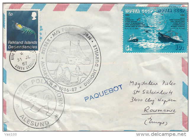 M/S POLARBJORN- ICEBREAKER, SHIP, POLAR BEAR, PENGUINS, SPECIAL POSTMARKS ON COVER, 1987, FALKLAND ISLANDS, RUSSIA, TAAF - Polar Ships & Icebreakers