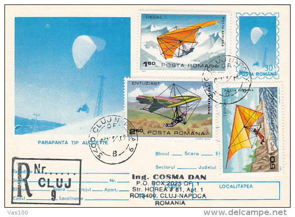 PARACHUTTING, DELTAPLANE, STAMPS, REGISTERED PC STATIONERY, ENTIER POSTAUX, 1994, ROMANIA - Parachutisme