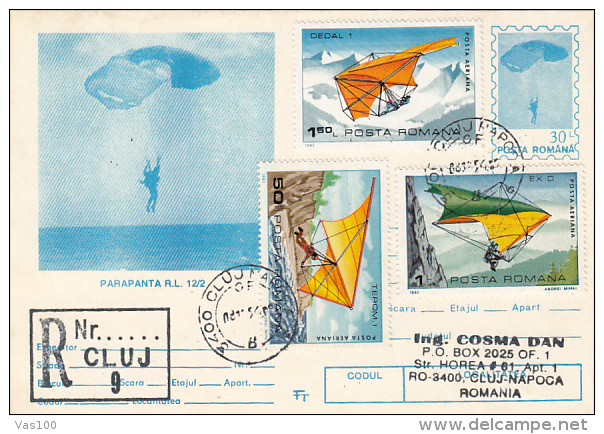 PARACHUTTING, DELTAPLANE, STAMPS, REGISTERED PC STATIONERY, ENTIER POSTAUX, 1994, ROMANIA - Fallschirmspringen