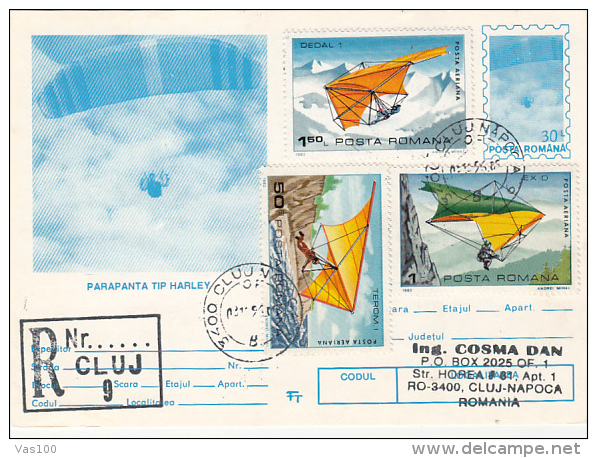 PARACHUTTING, DELTAPLANE, STAMPS, REGISTERED PC STATIONERY, ENTIER POSTAUX, 1994, ROMANIA - Parachutisme