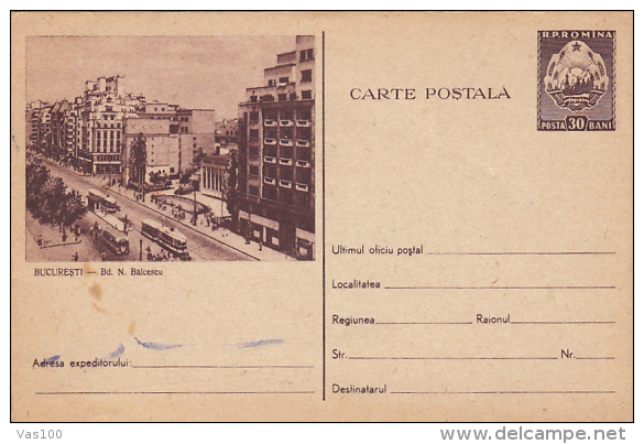 TRAM, TRAMWAY, BUCHAREST- BALCESCU BOULEVARD, PC STATIONERY, ENTIER POSTAUX, ROMANIA - Tramways