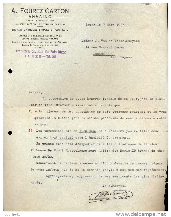 Facture Faktuur - Brief Lettre - A.Fourez - Carton Anvaing - Leuze 1933 - Agricoltura