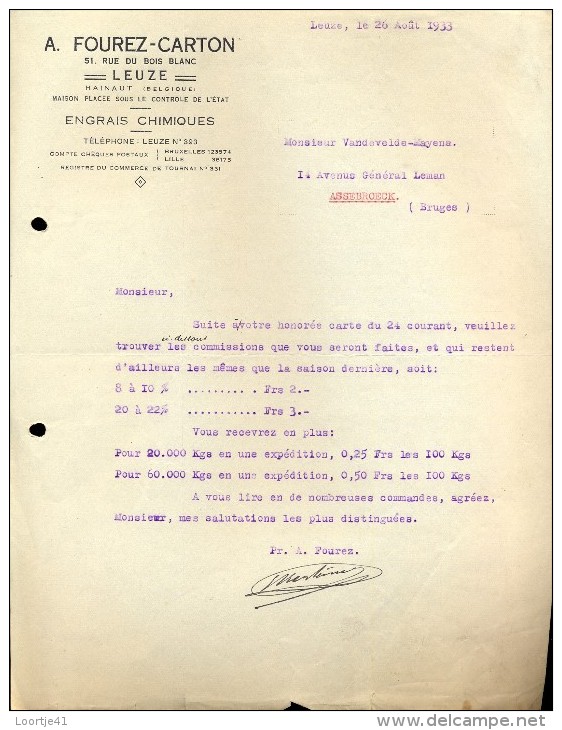 Facture Faktuur - Brief Lettre - A.Fourez - Carton Anvaing - Leuze 1933 - Engrais - Landwirtschaft