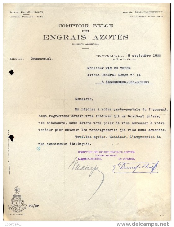 Facture Faktuur - Brief Lettre - Engrais Azotés Bruxelles 1933 - Landwirtschaft