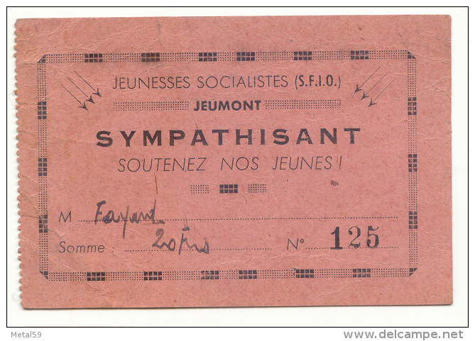Jeumont, Carte Sympathisant Jeunesses Socialistes (SFIO), Cachet Du Groupe Jeumont Au Dos - Other & Unclassified