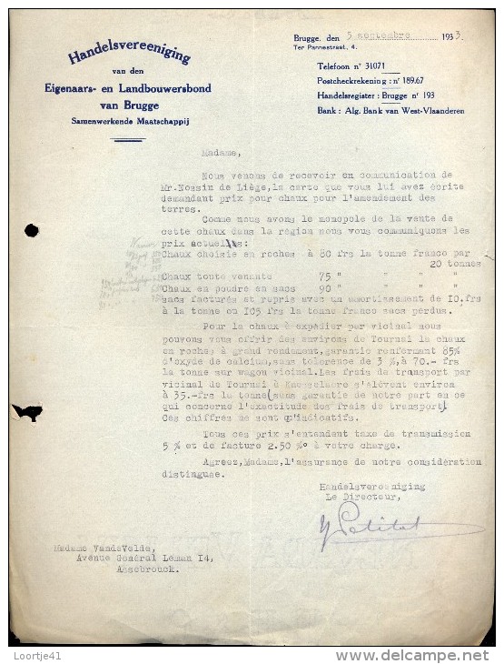 Facture Faktuur - Brief Lettre - Landbouwersbond Brugge 1933 - Landwirtschaft