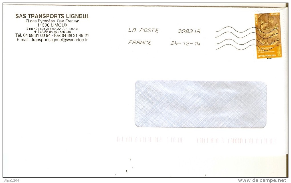 ENVELOPPE   AVEC   TIMBRE LETTRE VERTE "OBJET D ART RENAISSANCE"  ANNEE 2014 OBLITERE - Covers & Documents