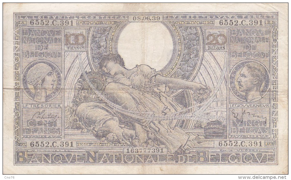 Belgique Billet De 100 Francs - 20 Belgas Du 08/06/1939 - 100 Francs & 100 Francs-20 Belgas