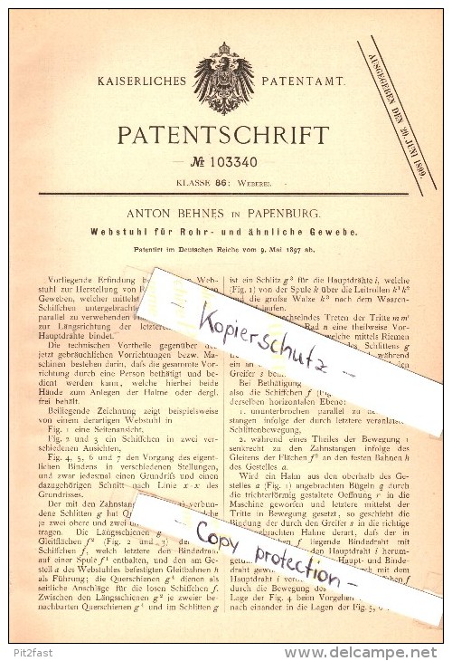 Original Patent - Anton Behnes In Papenburg A.d. Ems , 1897 , Webstuhl Für Rohrgewebe , Weber , Weberei !!! - Papenburg