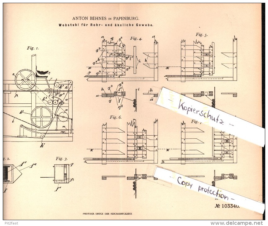 Original Patent - Anton Behnes In Papenburg A.d. Ems , 1897 , Webstuhl Für Rohrgewebe , Weber , Weberei !!! - Papenburg
