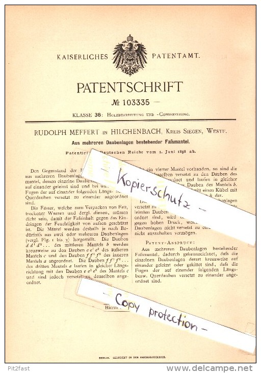 Original Patent - Rudolph Meffert In Hilchenbach B. Siegen , 1898 , Faßmantel Aus Mehreren Lagen , Fass , Fässer !!! - Hilchenbach