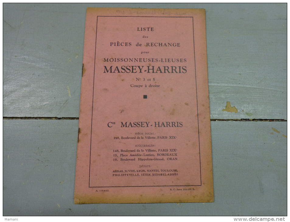 Liste Des Pieces De Rechange Pour Moissonneuses Lieuses Massey Harris N°3 Et 5.---- - Advertising