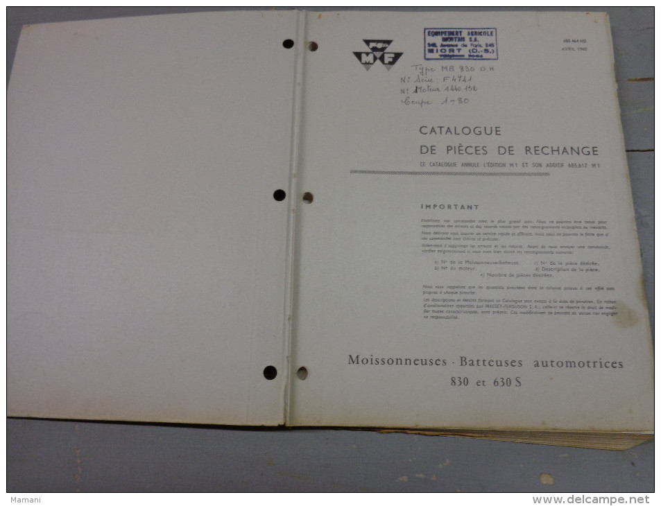 Liste Pieces Rechange-Massy Ferguson Moissonneuse Batteuse Automotrice 830 Et 630s+-bulletin De Changements N°1/02/1961 - Advertising