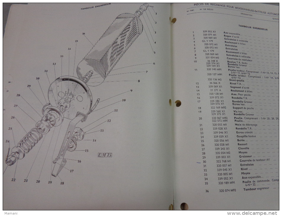 liste pieces rechange-Massy Ferguson moissonneuse batteuse automotrice 830 et 630s+-bulletin de changements n°1/02/1961