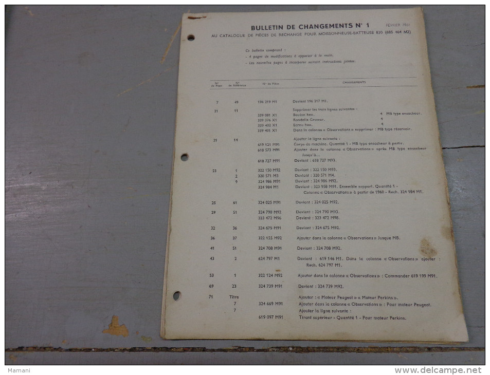 liste pieces rechange-Massy Ferguson moissonneuse batteuse automotrice 830 et 630s+-bulletin de changements n°1/02/1961