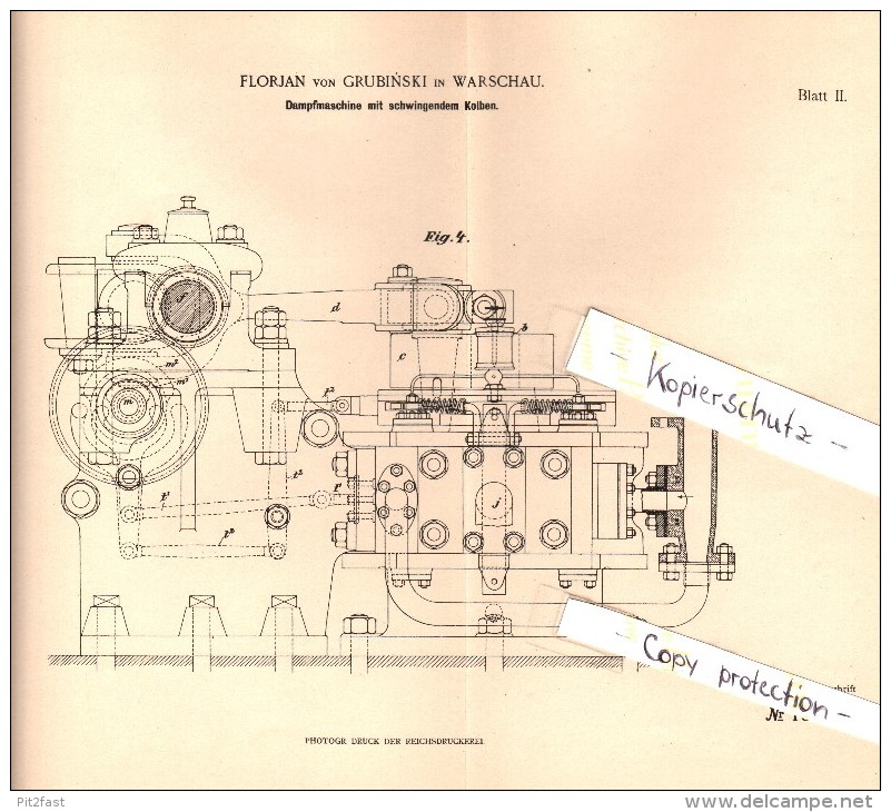 Original Patentschrift - Florian Von Grubinski In Warschau , 1897 , Dampfmaschine Mit Schwingendem Kolben !!! - Sonstige & Ohne Zuordnung
