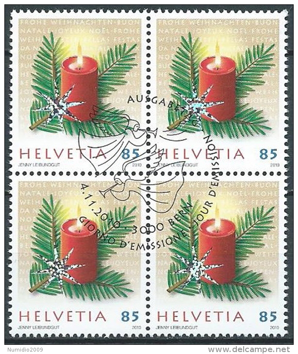 2010 SVIZZERA USATO NATALE 85 CENT QUARTINA ANNULLO FDC - Gebraucht