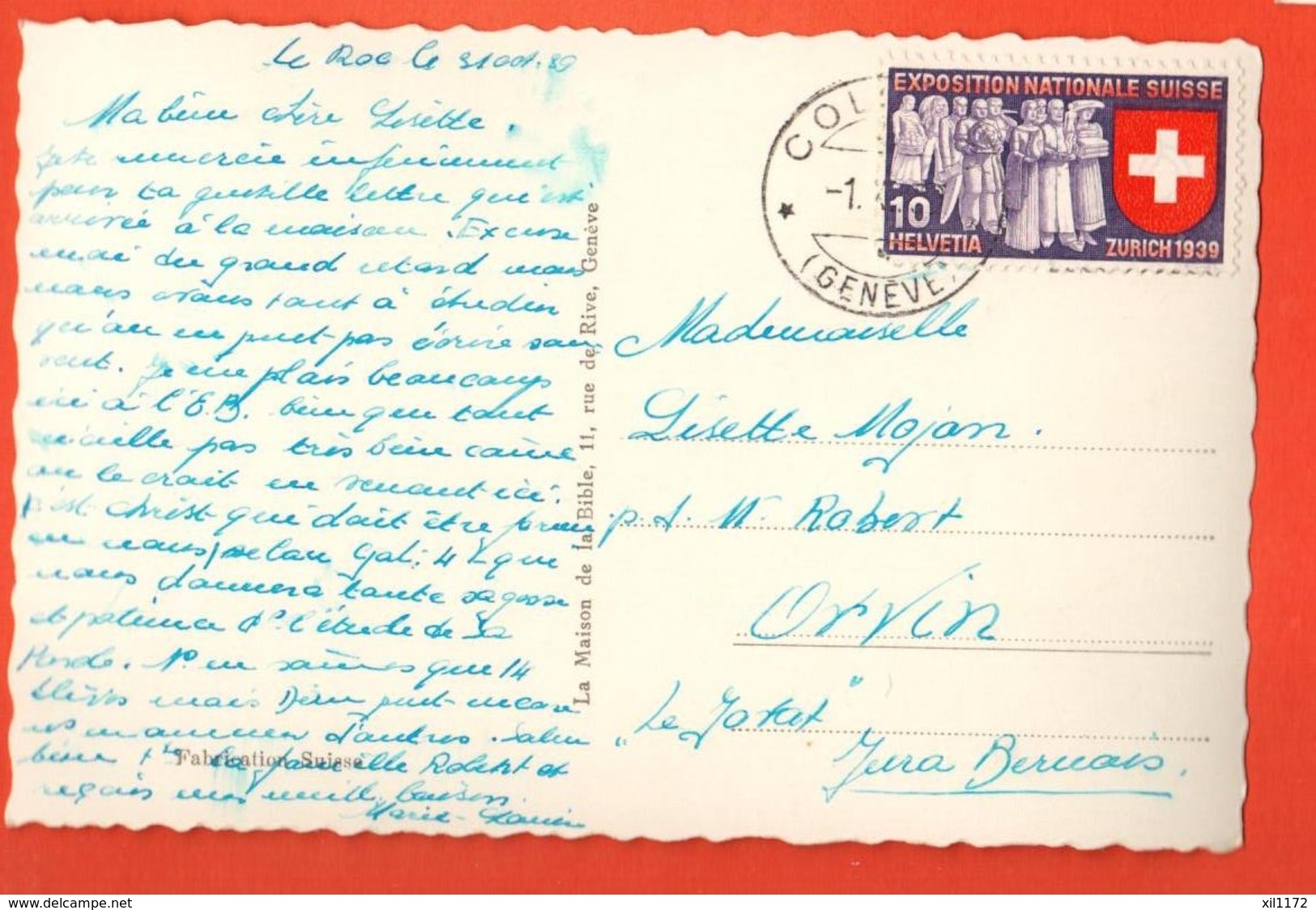 NI-02  Ecole Biblique De Genève. Cachet Cologny Genève Vers Orvin Jura Bernois. En 1939 Sur Timbre Exposition Nationale. - Cologny
