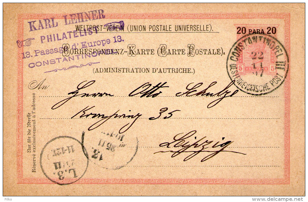 Austrian Levant,advertising Postal Stationery,Constantinopel III:22.11.1897  To Leipzig:25.11.1897,as Scan - Levant Autrichien